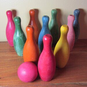wood bowling set vintage 10 pin colorful skittles painted (W5013)